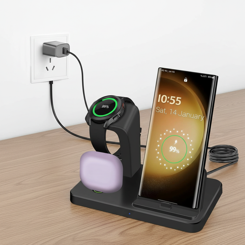 3 in 1 Wireless Charger Dual Type C Ports Fast Charging Station for Samsung S25 S24 S23 for Galaxy Watch 8 7 6 5 Pro 4 3 Buds 3